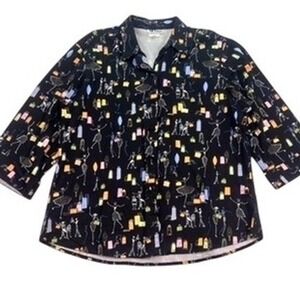 Vintage All Hours Novelty Print Button Front Top Made USA Large